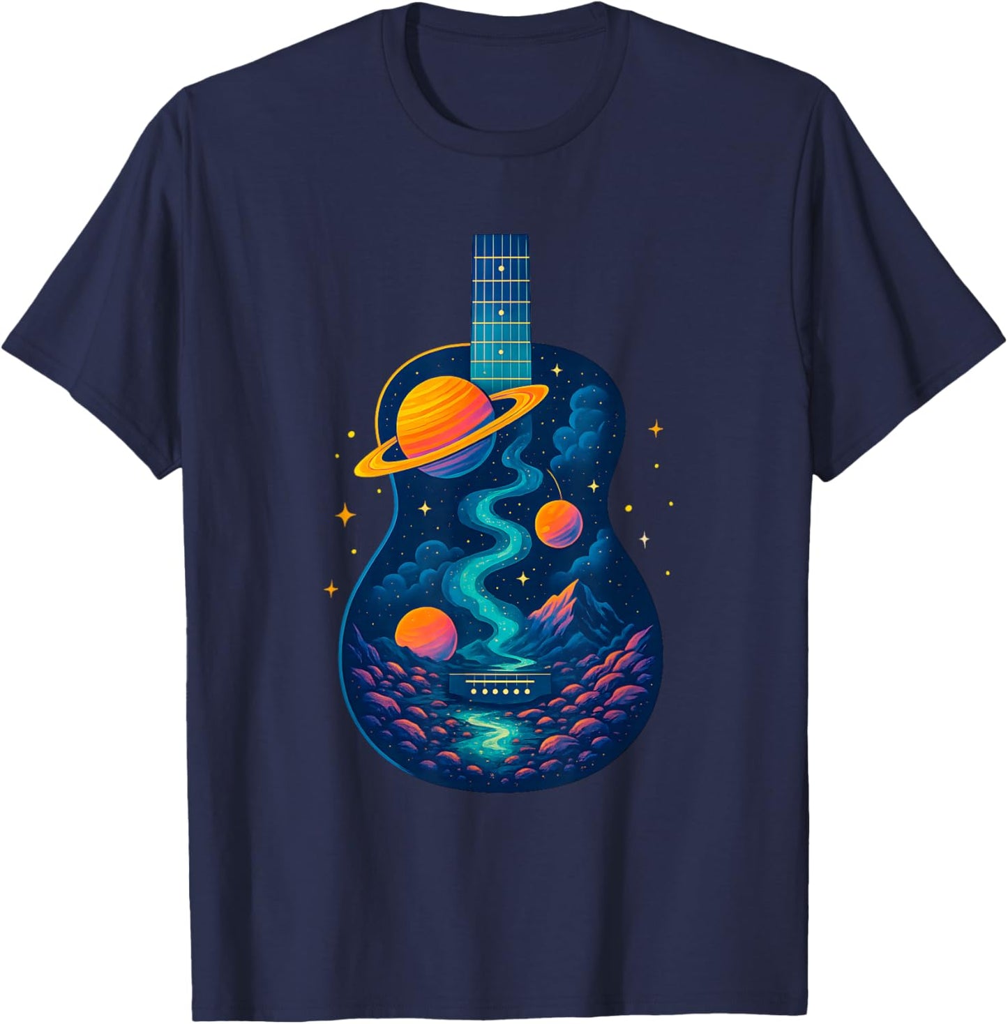 Guitar Space Reflections Galaxy and Planets Guitarist Band T-Shirt - T-Shirt | Navy