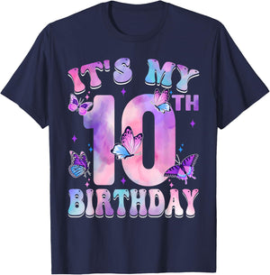 It's My 10th Birthday Butterfly Theme 10 Year Old Party Girl T-Shirt - T-Shirt | Navy