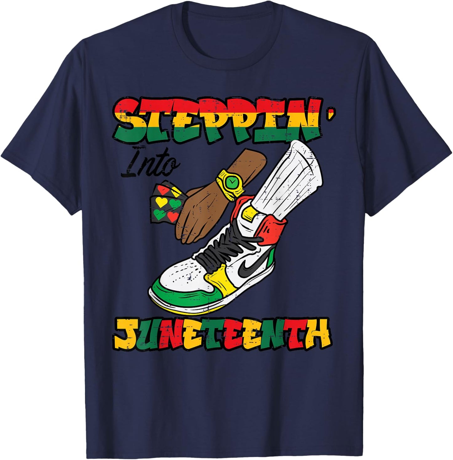 Steppin Juneteenth Shoe Watch Black American Men Boys Kids T-Shirt - T-Shirt | Navy