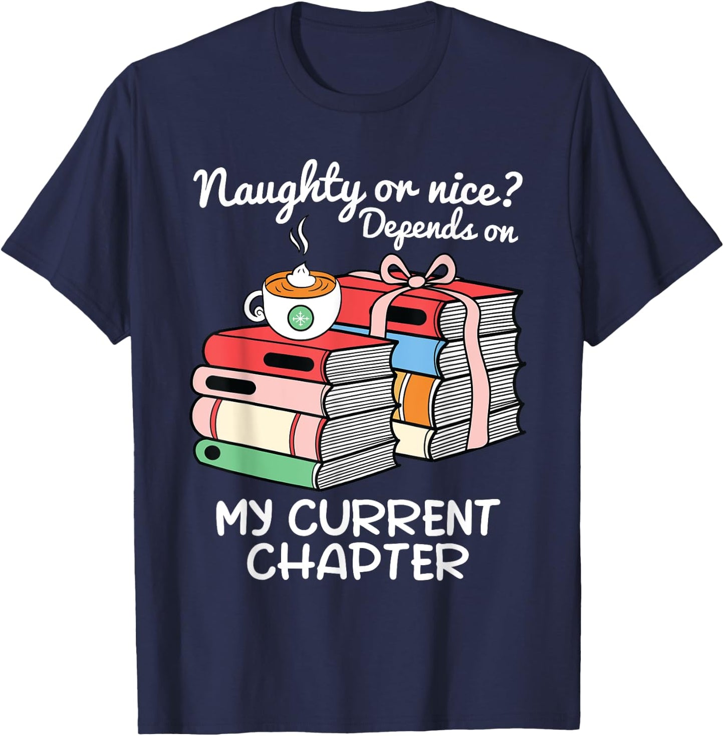 Funny Christmas Book Lovers Naughty or Nice T-Shirt - T-Shirt | Navy