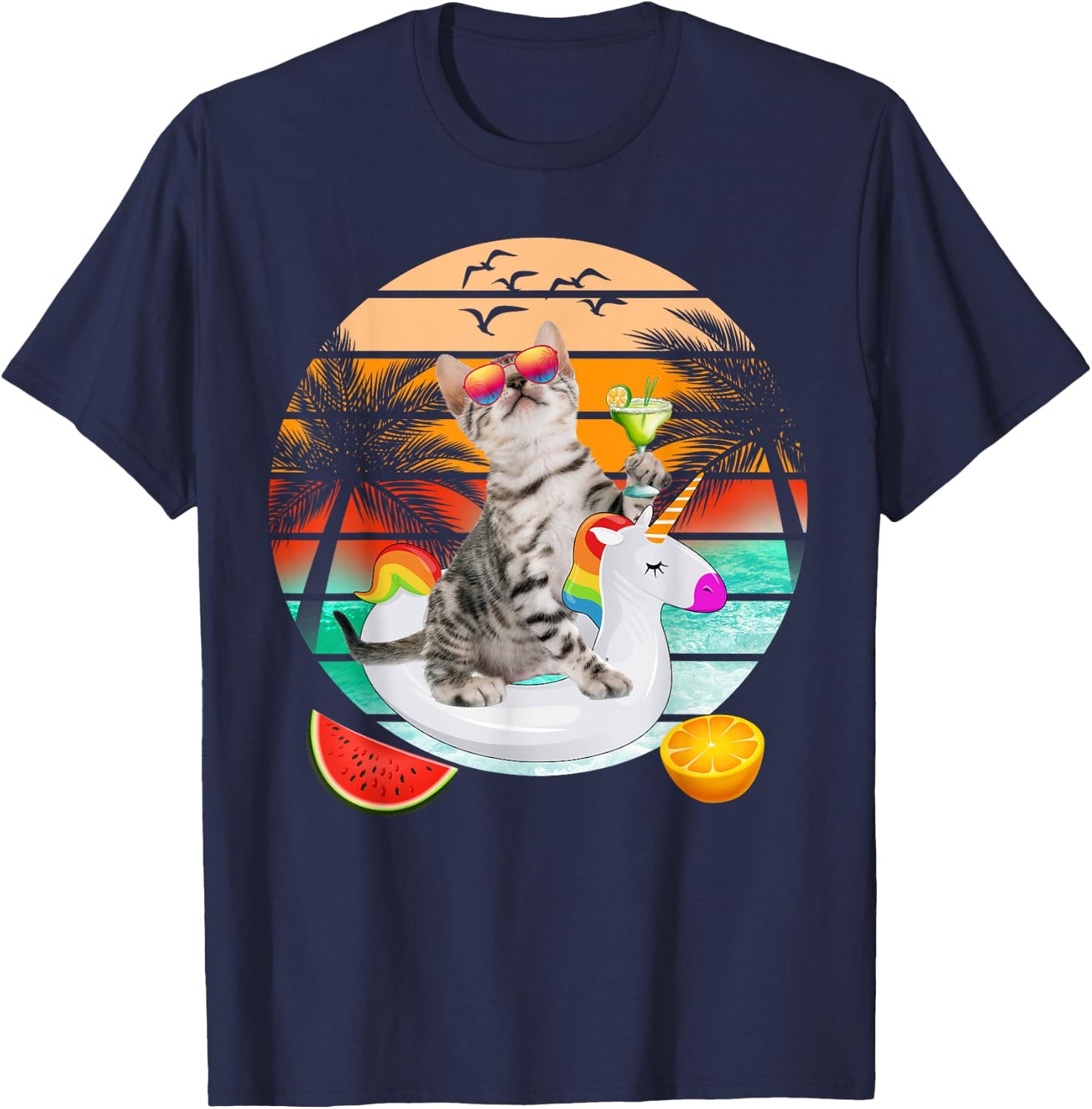 Cute Cat With Margarita & Unicorn Float Kitten Summer Vibes T-Shirt - T-Shirt | Navy