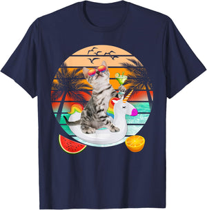 Cute Cat With Margarita & Unicorn Float Kitten Summer Vibes T-Shirt - T-Shirt | Navy