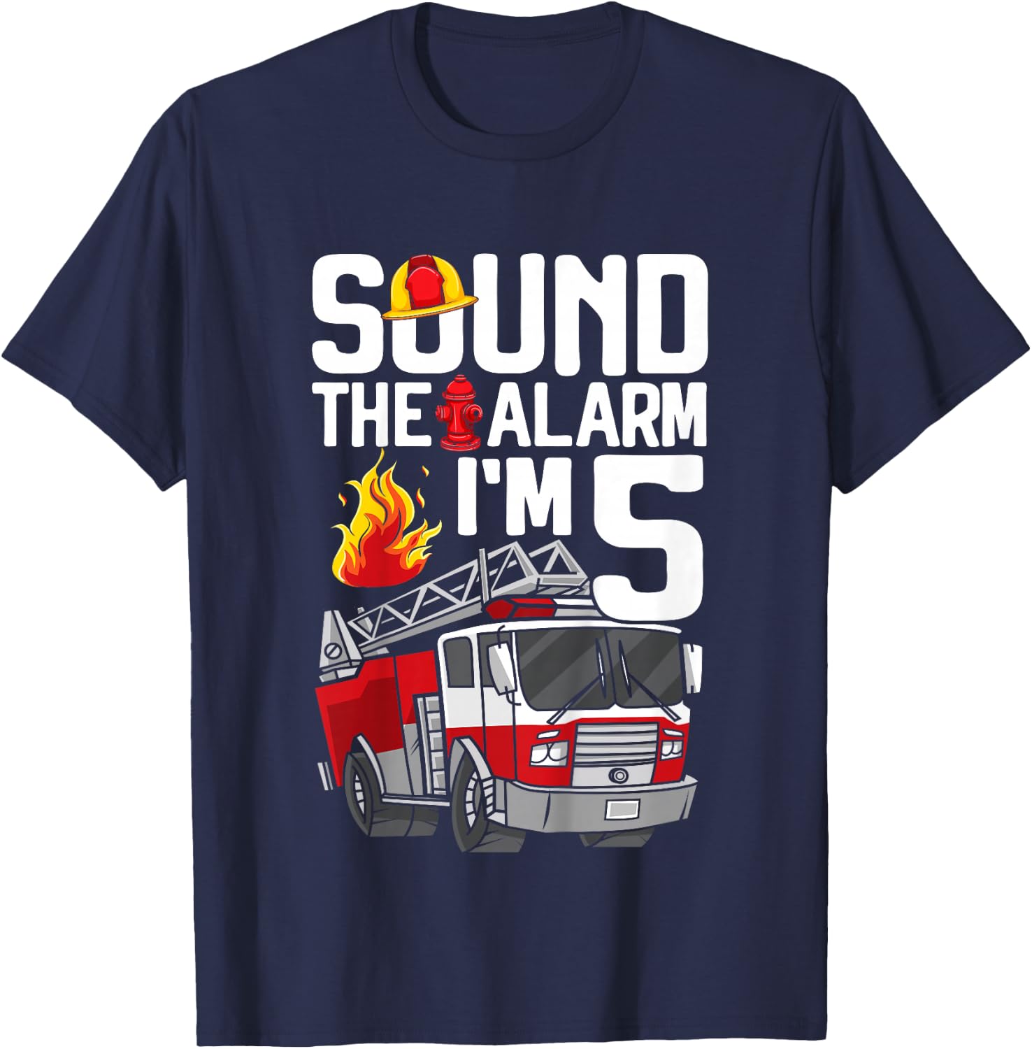 Kids 5th Birthday 5 Years Fire Engine Fire Engine Toddler T-Shirt - T-Shirt | Navy