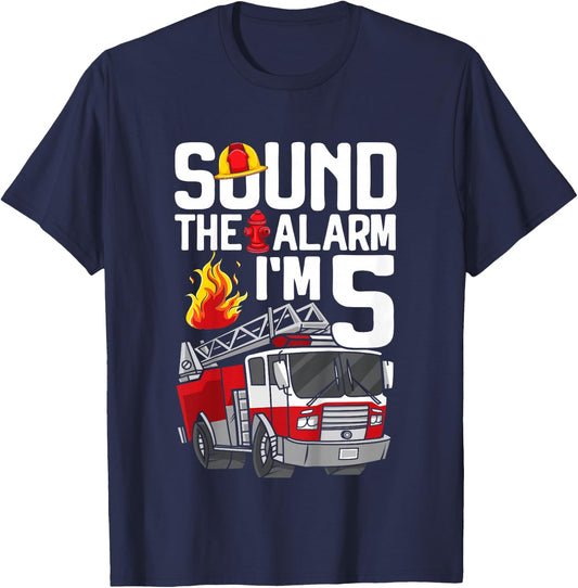 Kids 5th Birthday 5 Years Fire Engine Fire Engine Toddler T-Shirt - T-Shirt | Navy