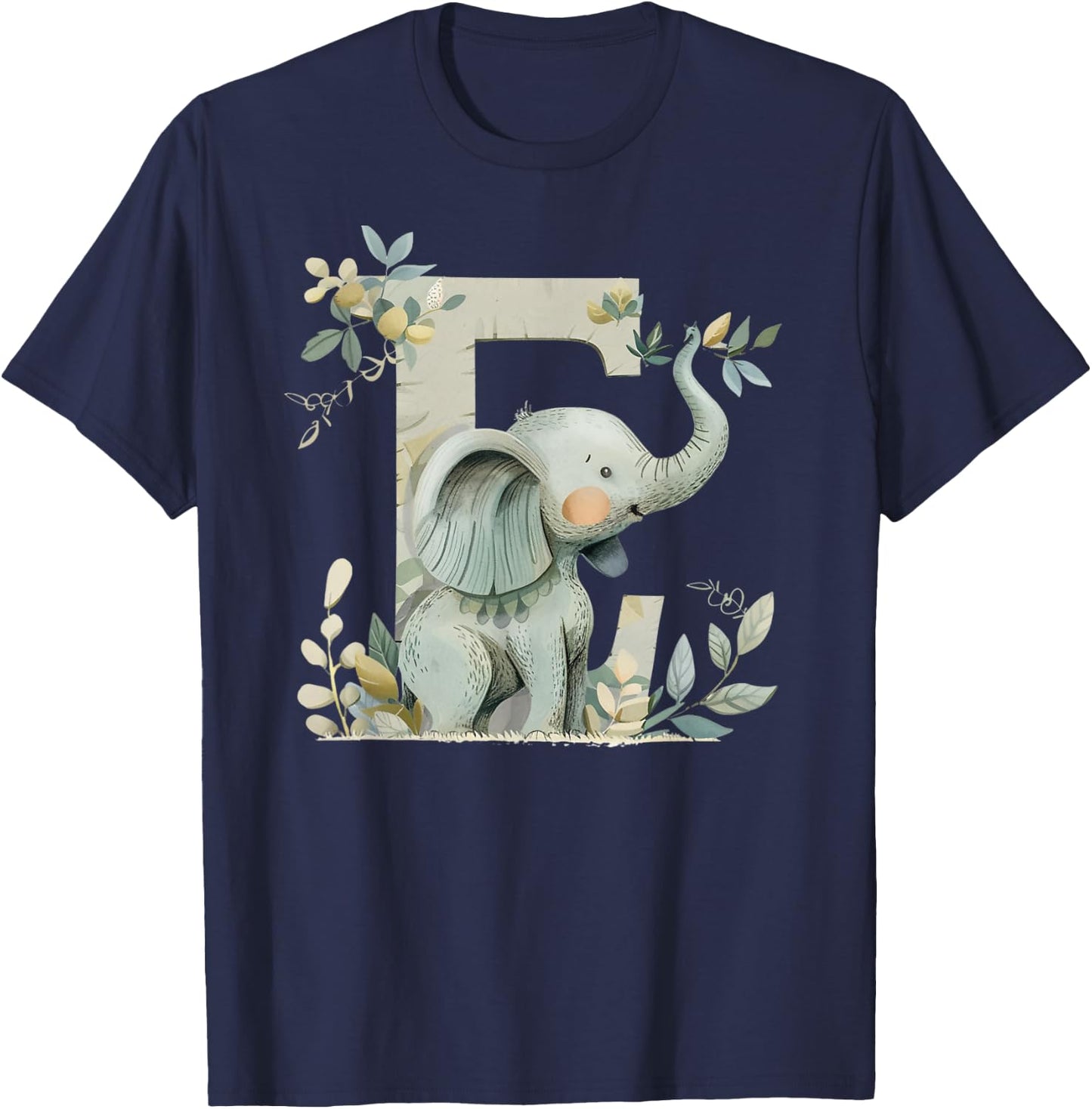 E Initial Monogram Alphabet Letter Animal Kid Boho Elephant T-Shirt - T-Shirt | Navy