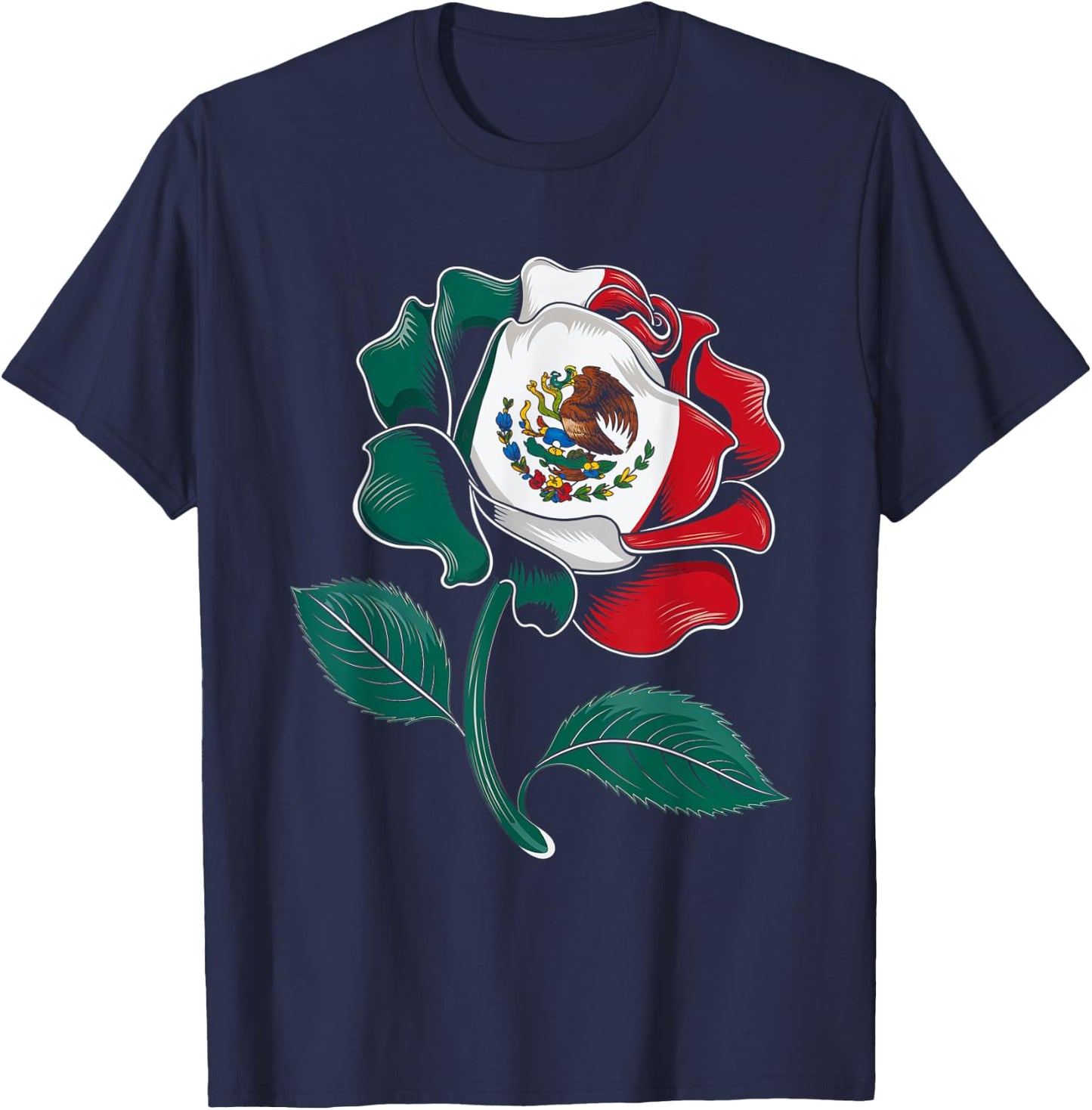 Mexico Rose Flag Design Mexican Pride Culture Love T-Shirt - T-Shirt | Navy