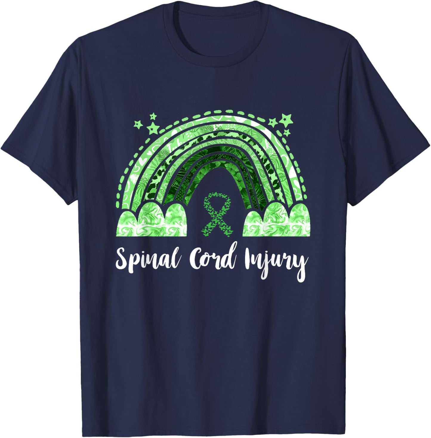 Lime Green Ribbon Rainbow Spinal Cord Injury Awareness T-Shirt - T-Shirt | Navy