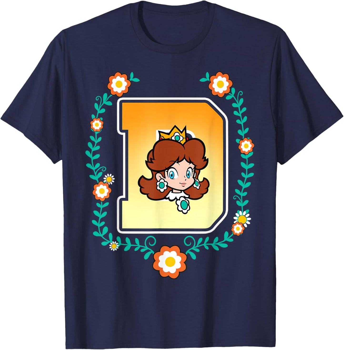 Super Mario Princess Daisy University Letter Portrait Logo T-Shirt - T-Shirt | Navy
