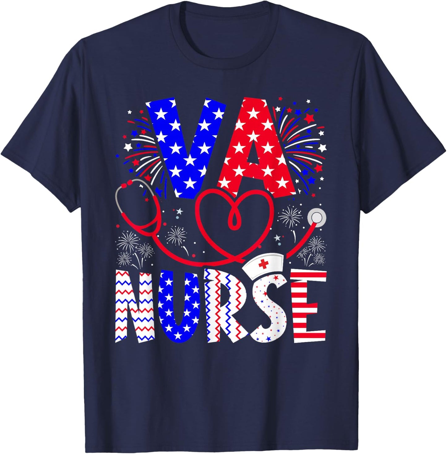 VA Nurse 4th Of July American Flag Stethoscope T-Shirt - T-Shirt | Navy