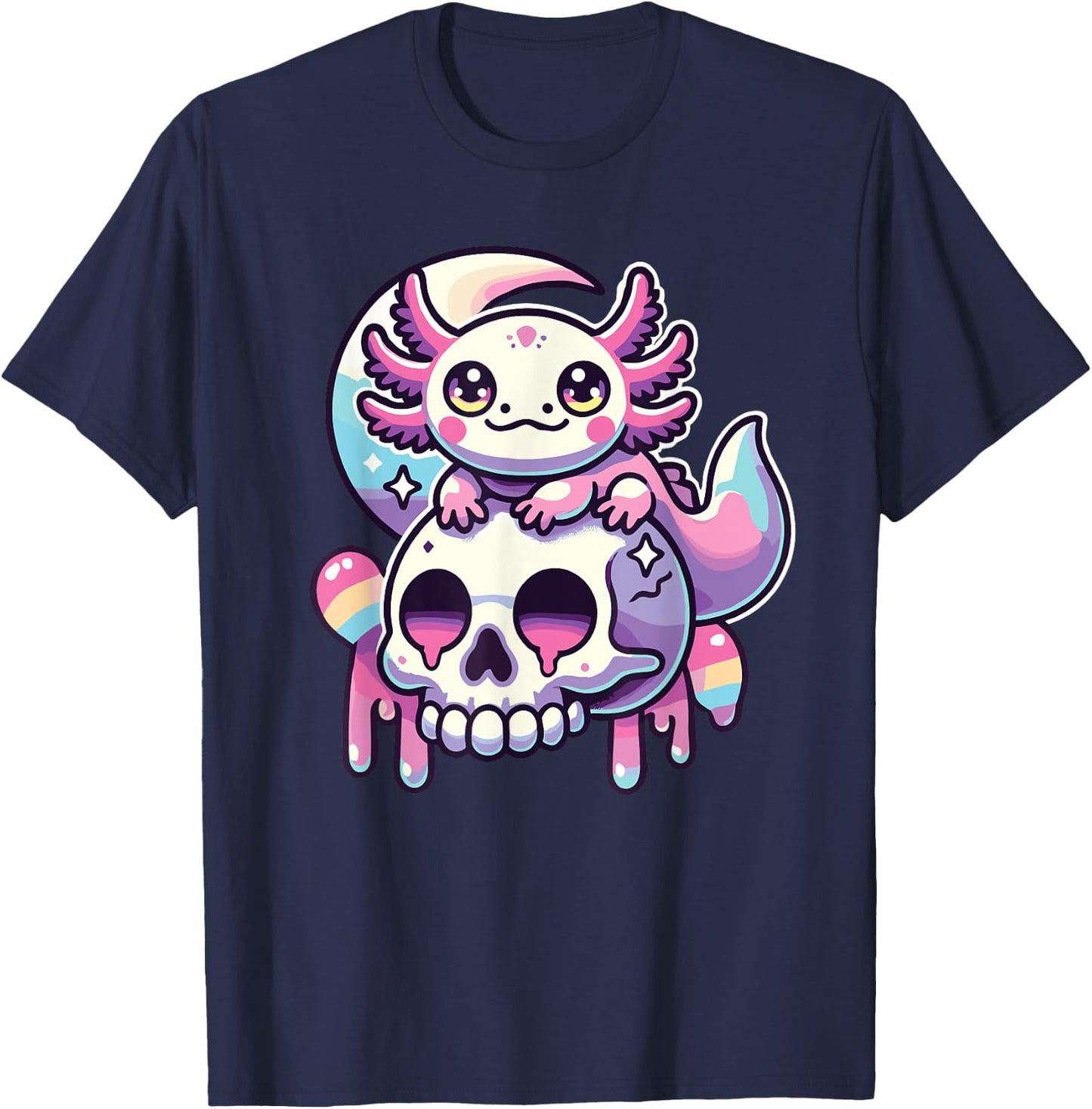 Kawaii Pastel Goth Cute Creepy Axolotl Bat Skeleton T-Shirt - T-Shirt | Navy