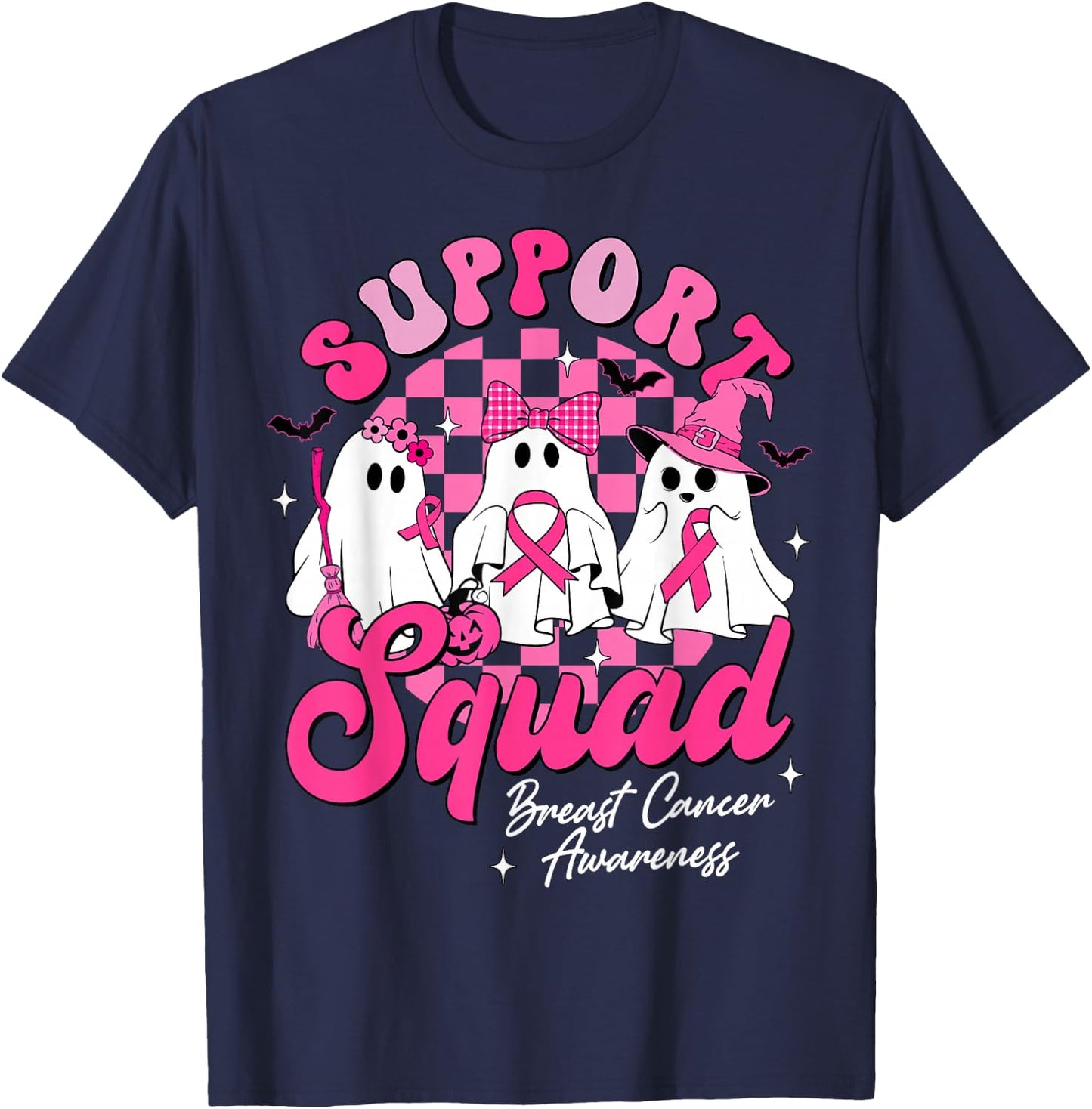 Support Squad Breast Cancer Awareness Cute Ghost Halloween T-Shirt - T-Shirt | Navy