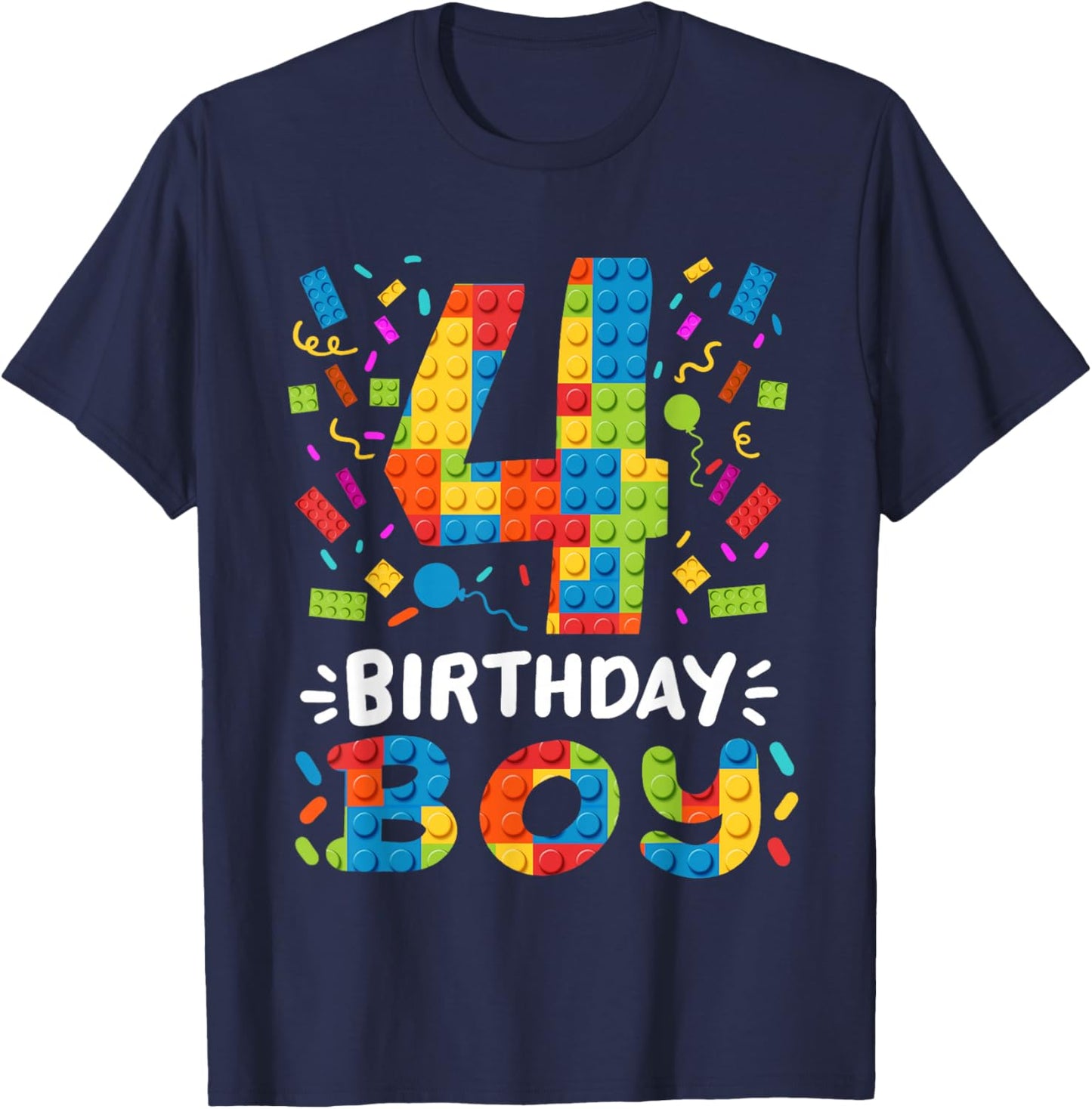 Kids 4 Years Old Building Blocks Builder 4th Birthday Boys T-Shirt - T-Shirt | Navy