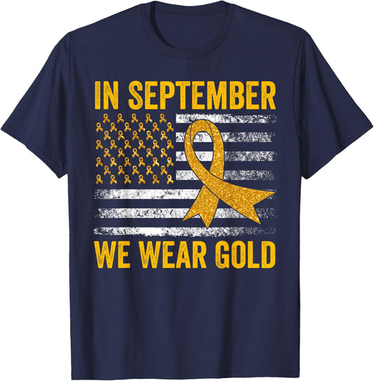 In September We Wear Gold Childhood Cancer Awareness Flag T-Shirt - T-Shirt | Navy
