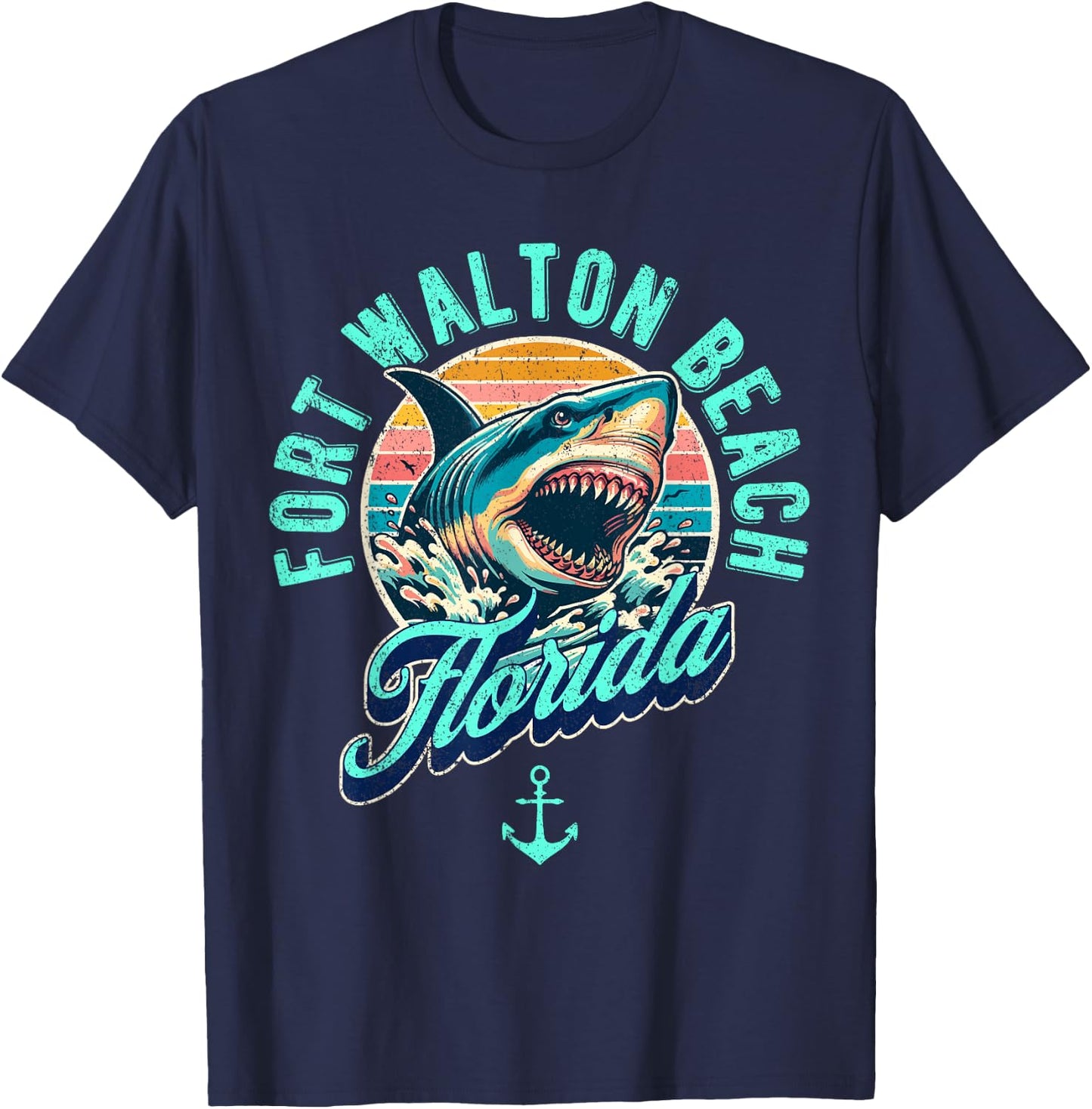 Fort Walton Beach Florida Shark Retro Distressed Design T-Shirt - T-Shirt | Navy