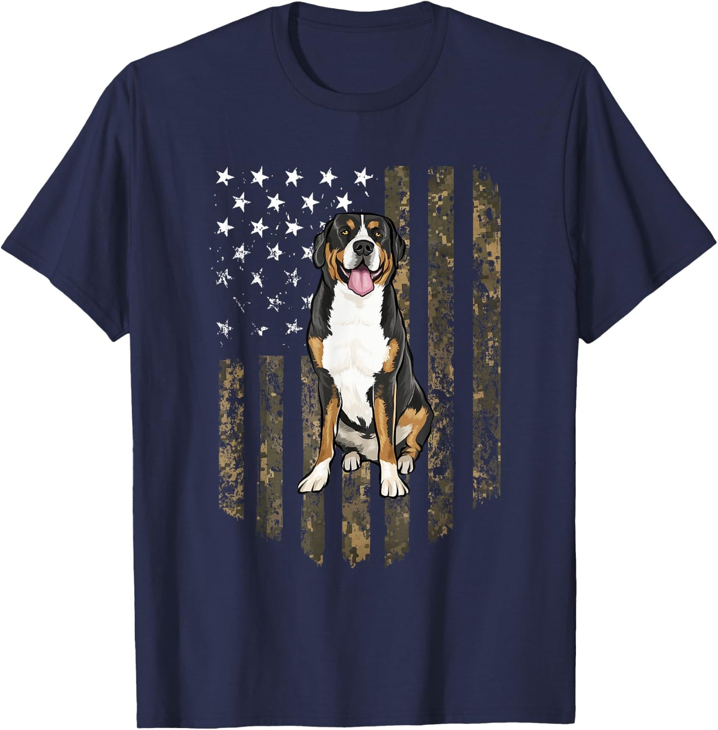 Camo American Flag Greater Swiss Mountain Dog 4th Of July T-Shirt - T-Shirt | Navy