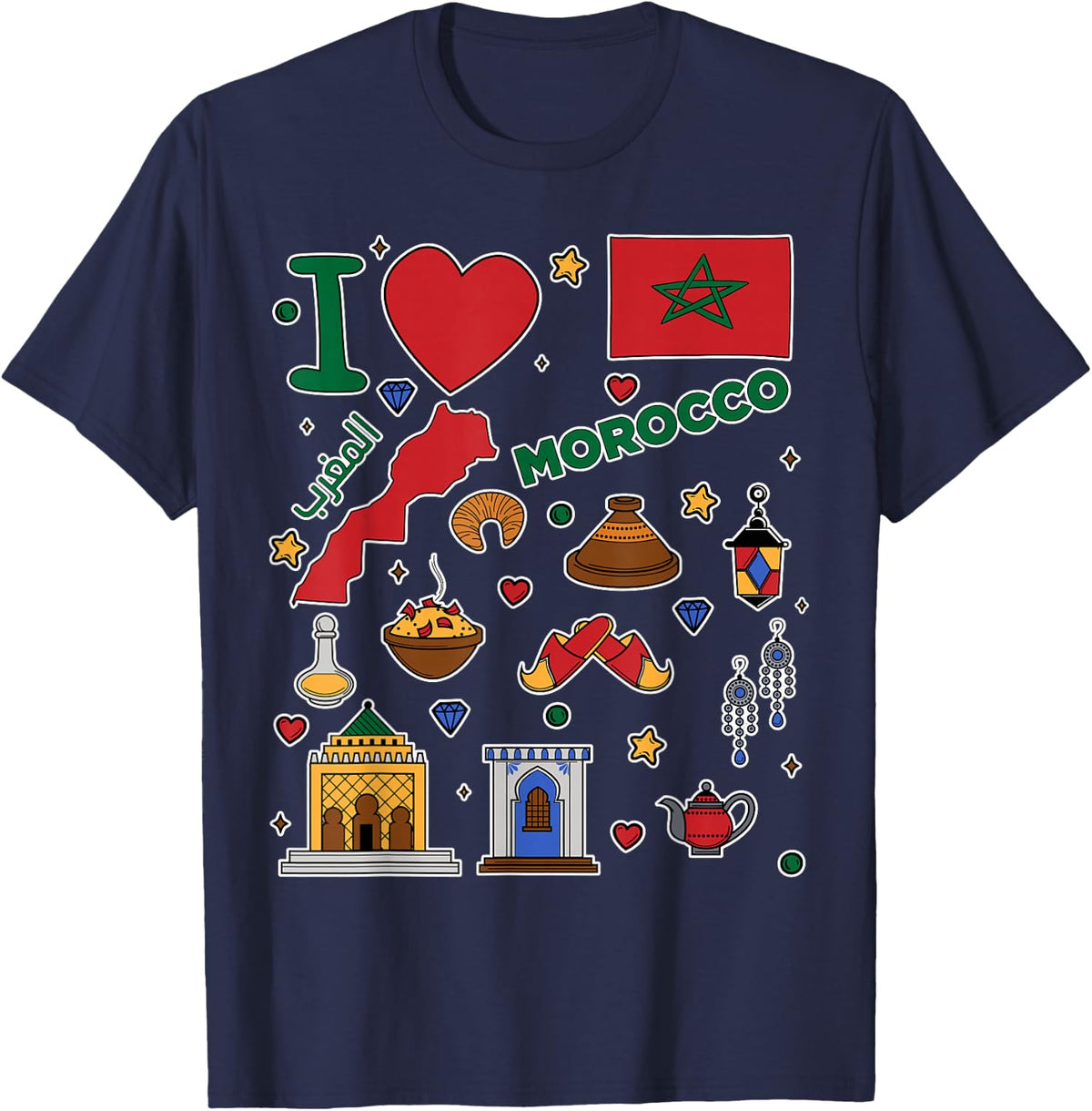 I love Morocco. Hand drawn Moroccan Landmarks, flag and map T-Shirt - T-Shirt | Navy