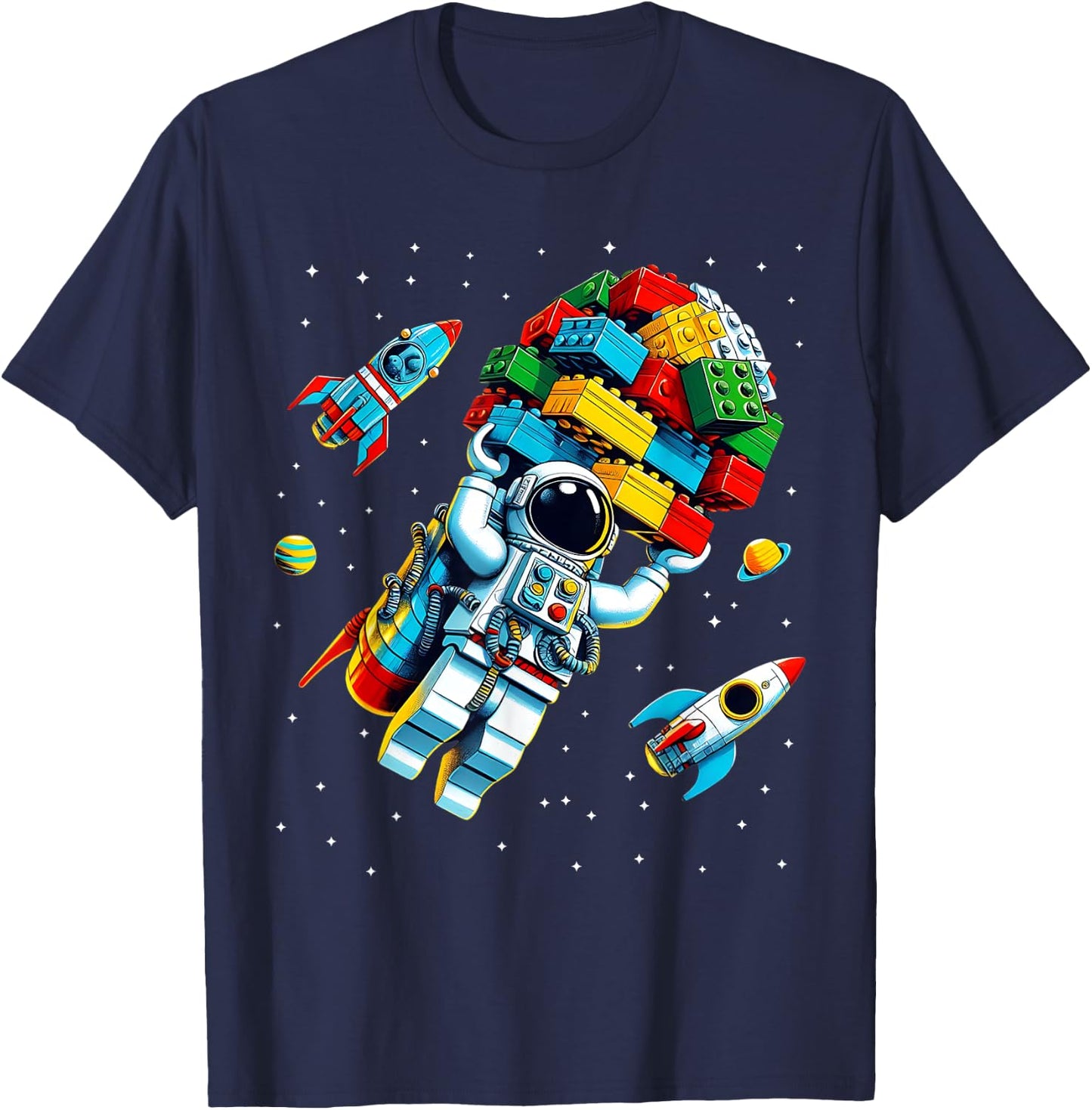 Master Builder Space Astronaut Building Blocks Bricks Boys T-Shirt - T-Shirt | Navy
