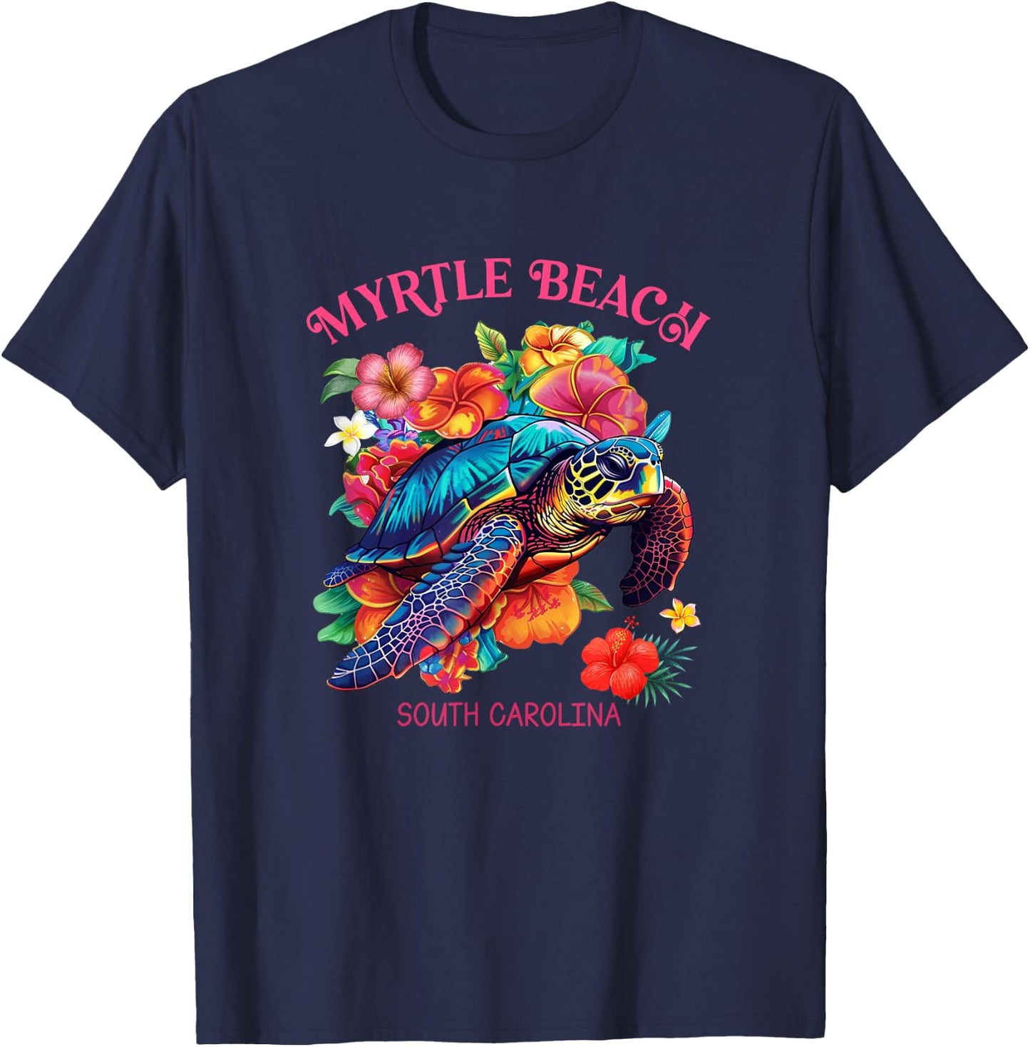 Myrtle Beach South Carolina Floral Beach Turtle Souvenir Men Women Girls Kids T-Shirt - T-Shirt | Navy