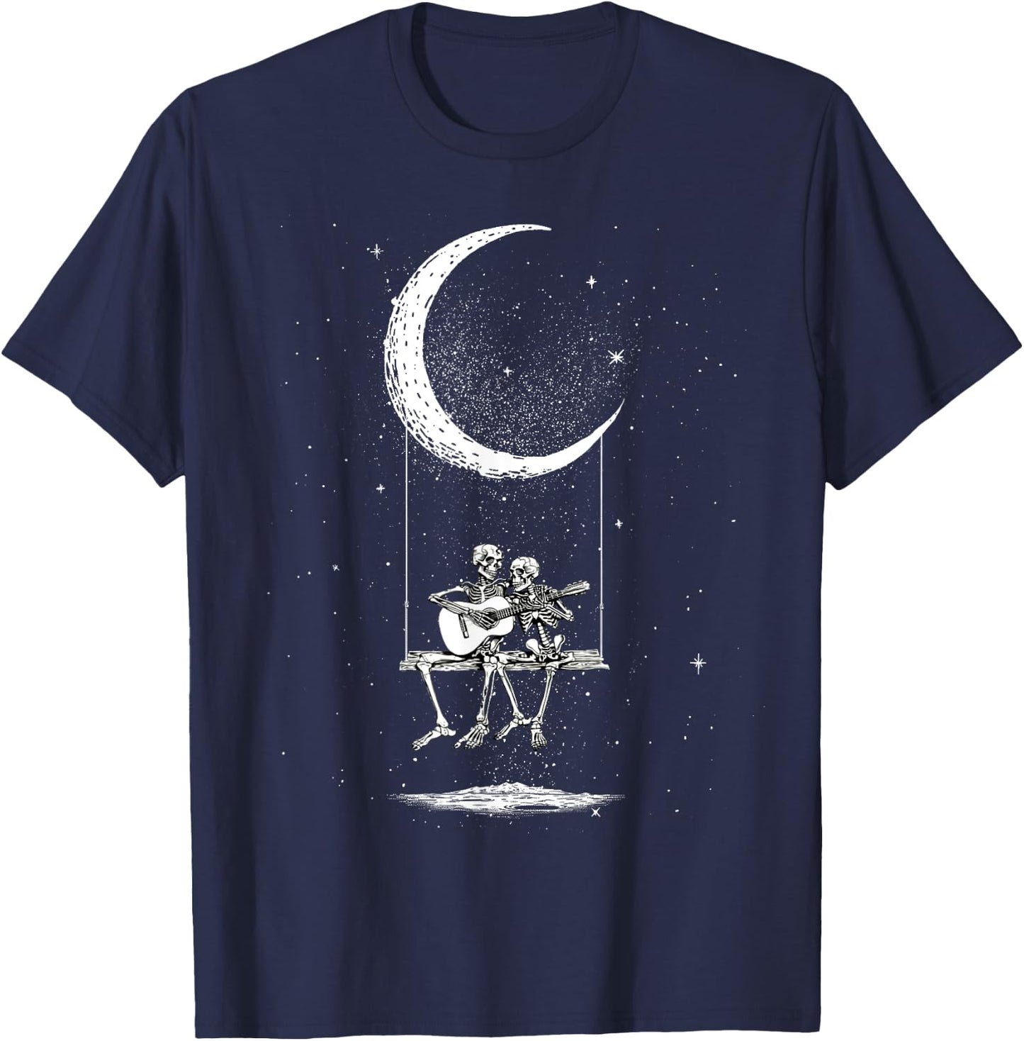 Skeleton Couple Moon Swing Guitar Lover Halloween Rock On T-Shirt - T-Shirt | Navy