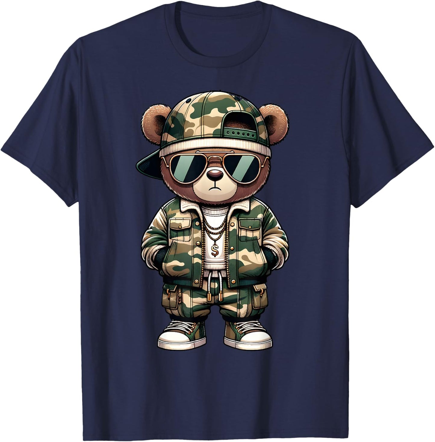 Camo Hip Hop Teddy Bear Camouflage Gangsta Streetwear Hustle T-Shirt - T-Shirt | Navy