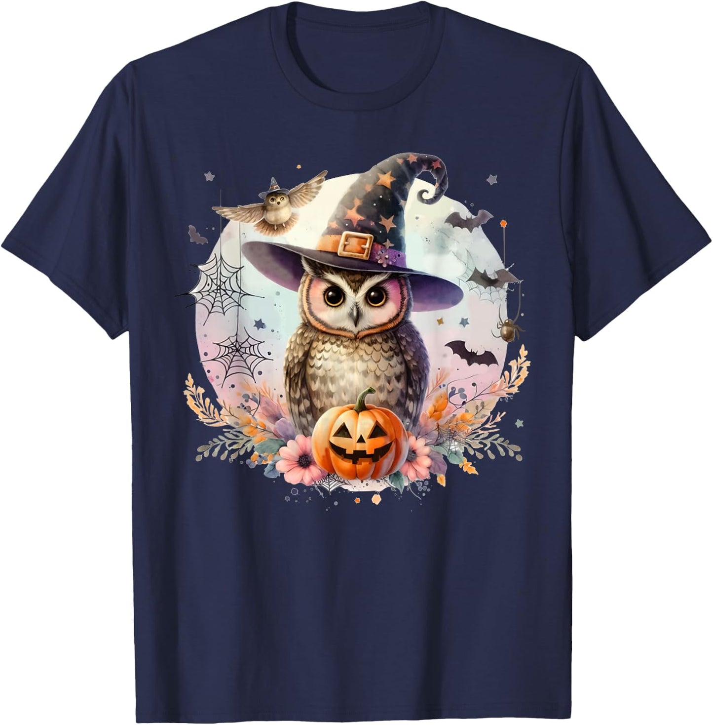 Owl Witch Hat and Pumpkin Funny Halloween Academia Witchy T-Shirt - T-Shirt | Navy