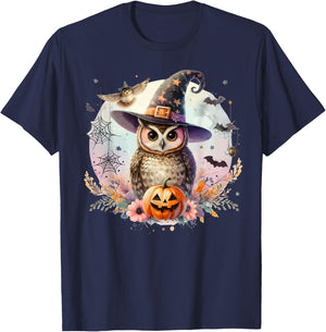 Owl Witch Hat and Pumpkin Funny Halloween Academia Witchy T-Shirt - T-Shirt | Navy