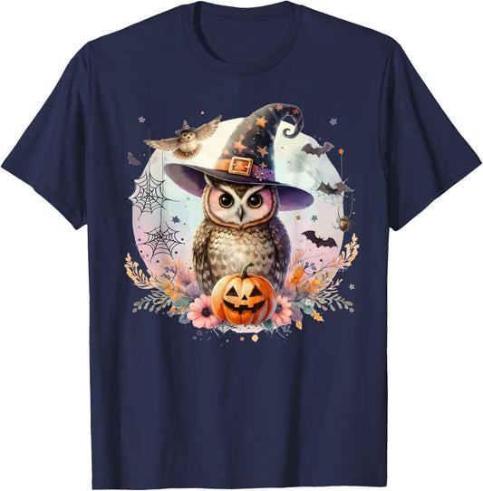 Owl Witch Hat and Pumpkin Funny Halloween Academia Witchy T-Shirt - T-Shirt | Navy