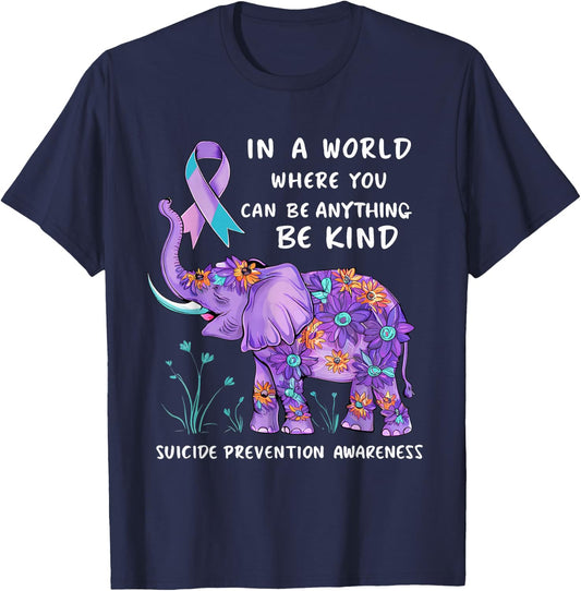 Suicide Prevention Awareness Elephant Teal & Purple Ribbon T-Shirt - T-Shirt | Navy