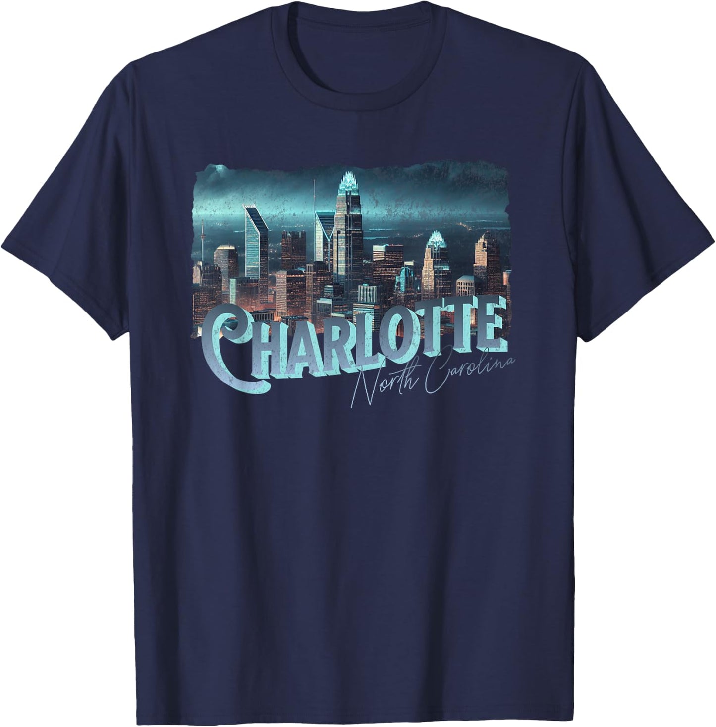 Charlotte NC Skyscraper Building Night Light Cityscape View T-Shirt - T-Shirt | Navy