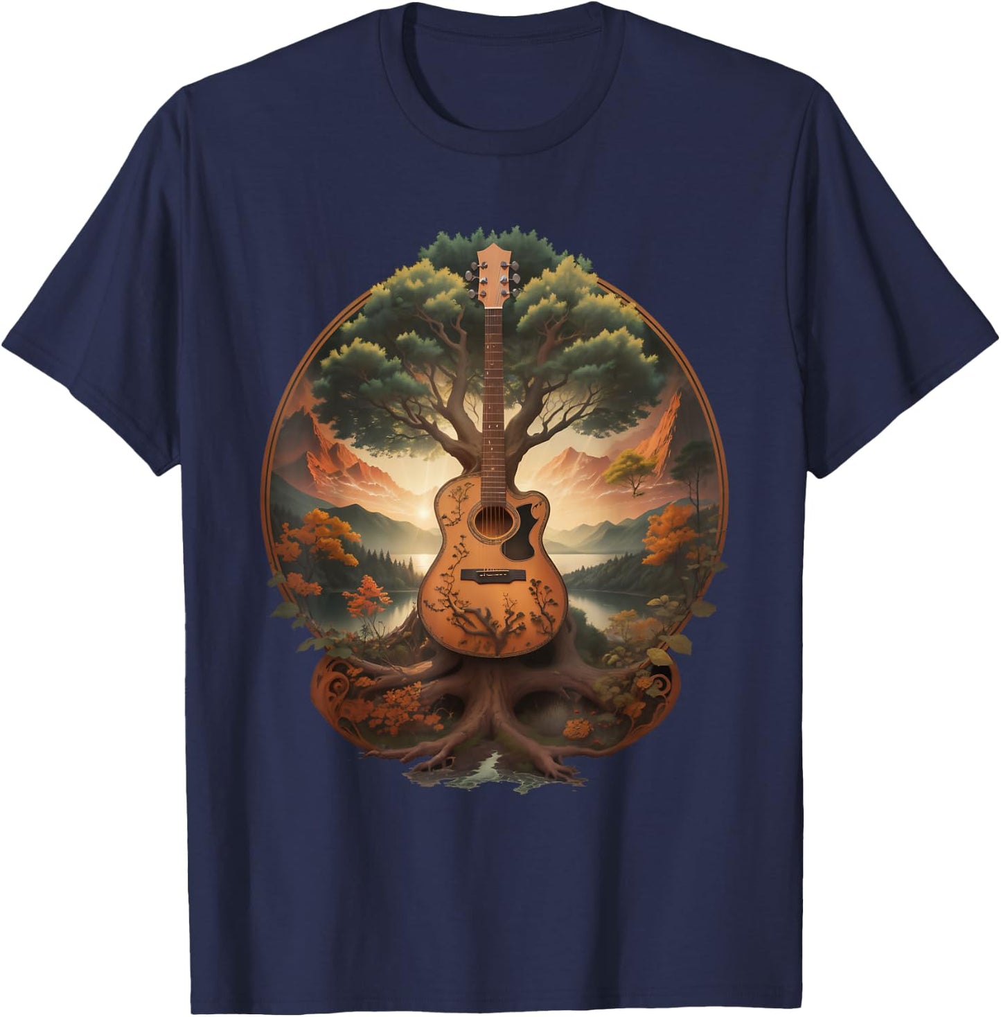 Tree of Life Acoustic Guitar by The Lake T-Shirt - T-Shirt | Navy