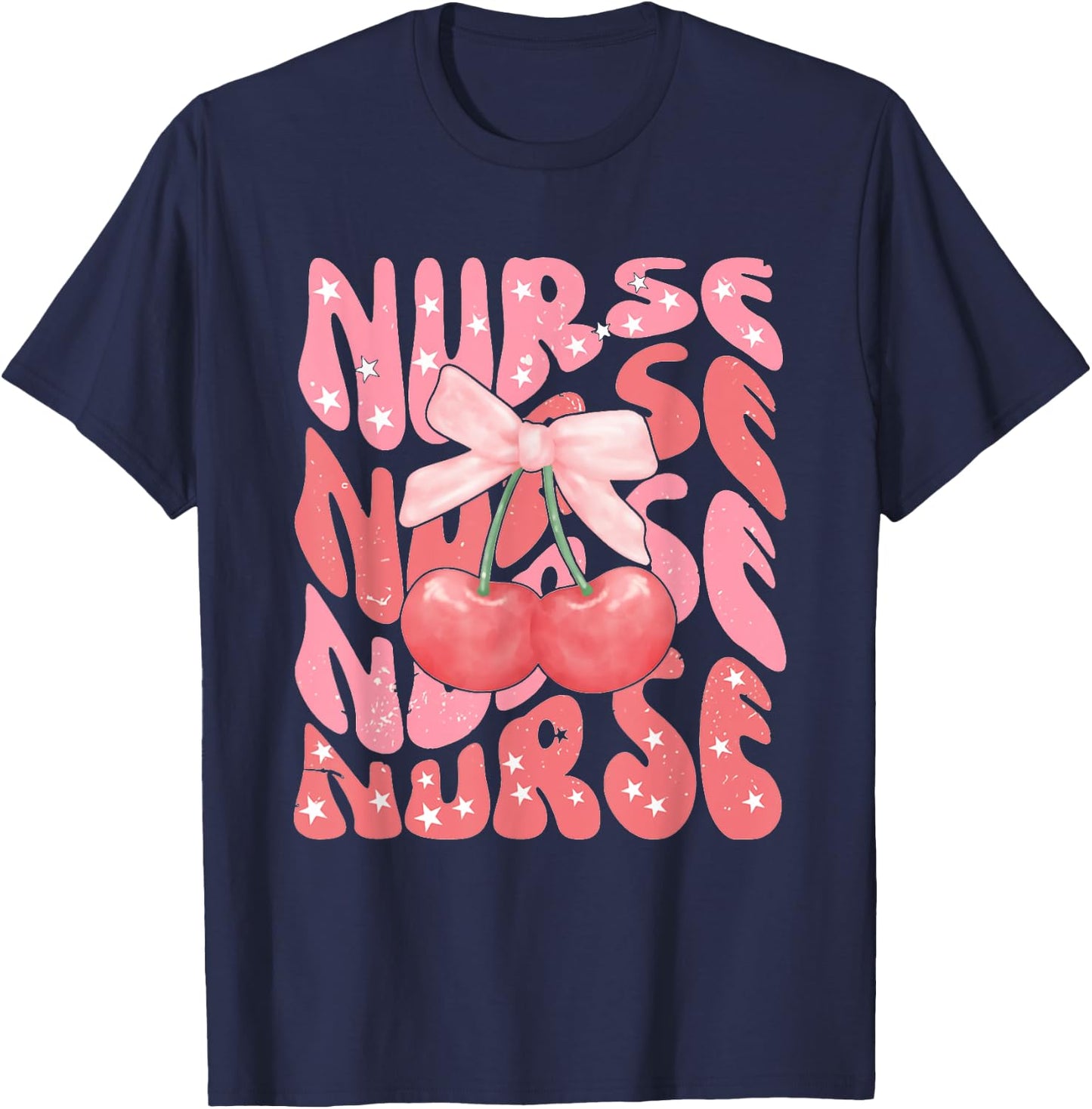 Cute Cherry Coquette Nurse Pink Bow Girlcore Nurse ICU ER RN T-Shirt - T-Shirt | Navy