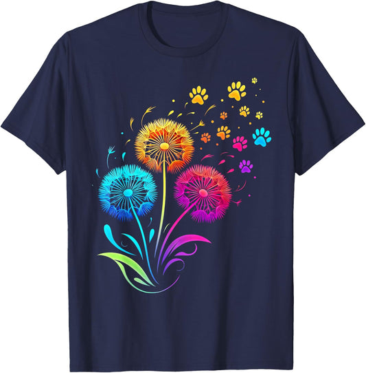 Cute Dog Paw Sunflower Dandelion Colorful Flowers Dog Paw T-Shirt - T-Shirt | Navy