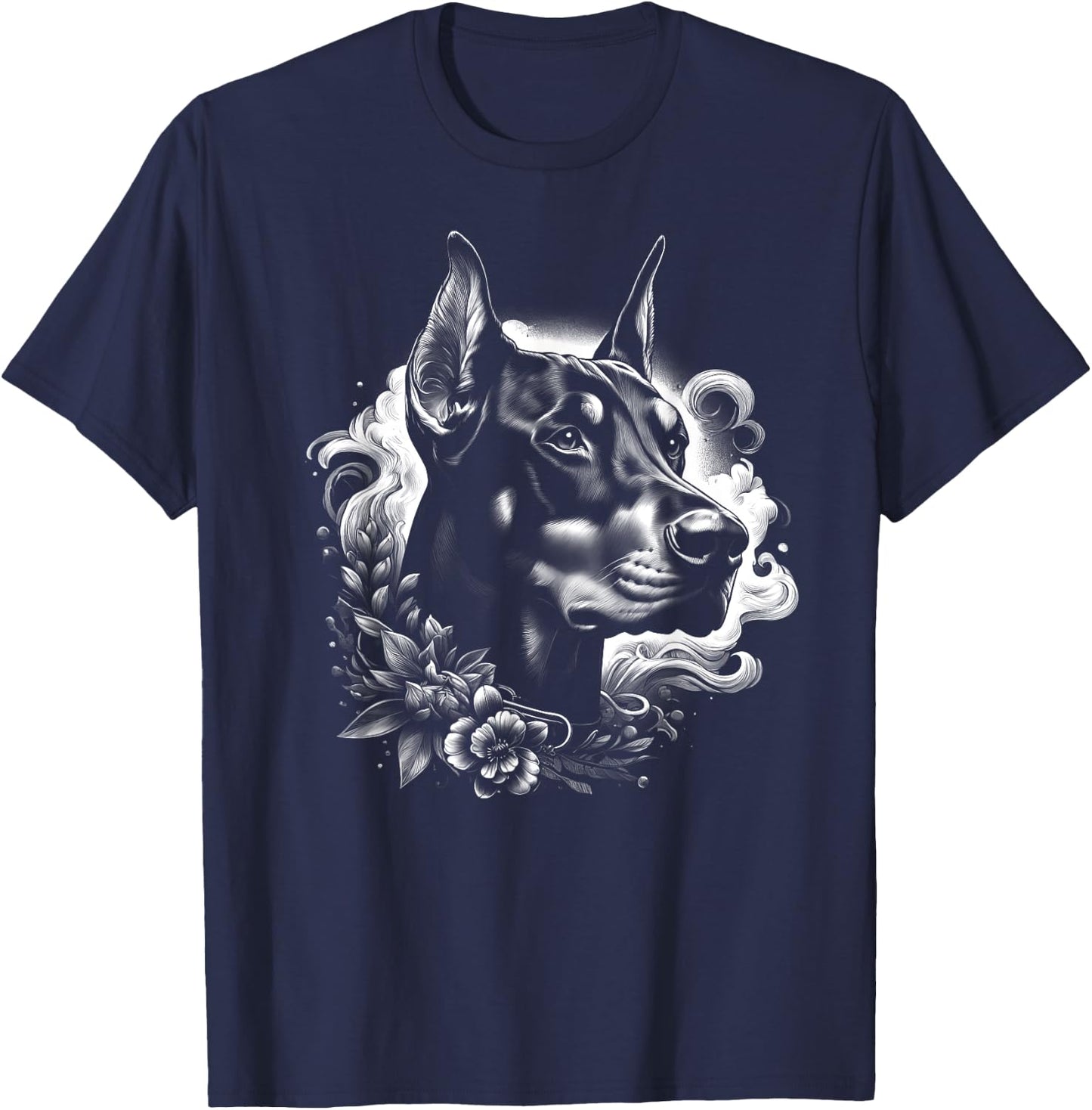 Cool Doberman Portrait with Flowers Decoration T-Shirt - T-Shirt | Navy