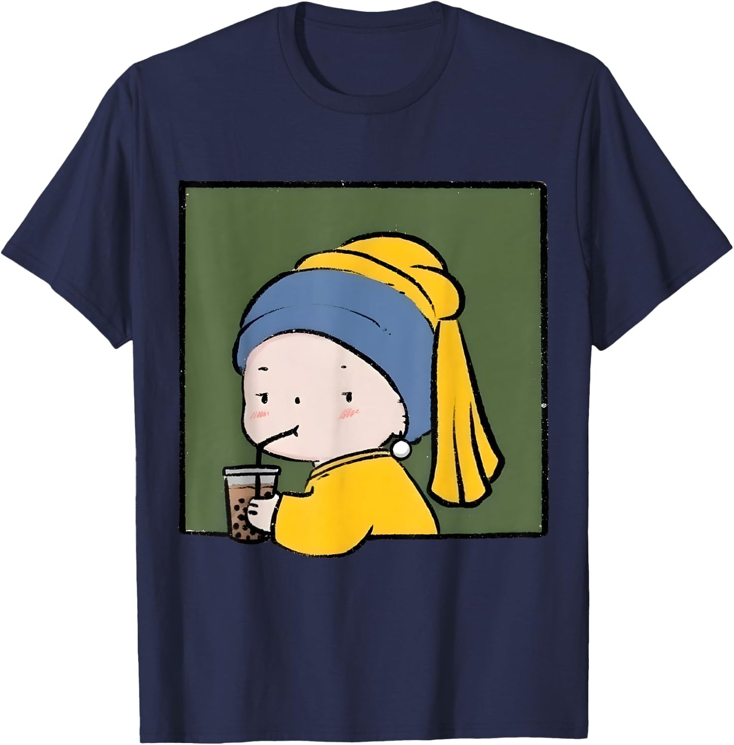 Cute Girl with a Pearl Earring Iced Latte Painted by Vermeer T-Shirt - T-Shirt | Navy