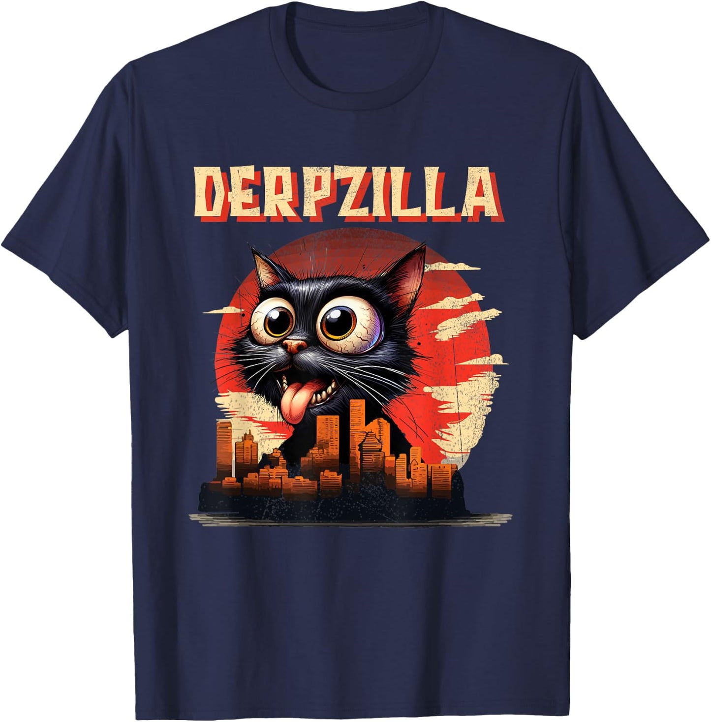 Derpzilla Funny Derpy Giant Cat Kitten City Skyline T-Shirt - T-Shirt | Navy