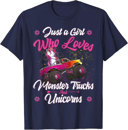 Just a Girl Who Loves Monster Trucks and Unicorns Girls Kids T-Shirt - T-Shirt | Navy