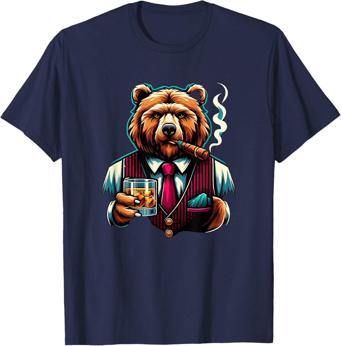 Grizzly Bear Cigar And Whiskey T-Shirt - T-Shirt | Navy