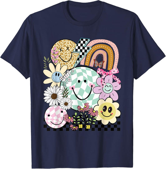 Funny Checkered Happy Smiling Smile Face Daisy Flower Girl T-Shirt - T-Shirt | Navy