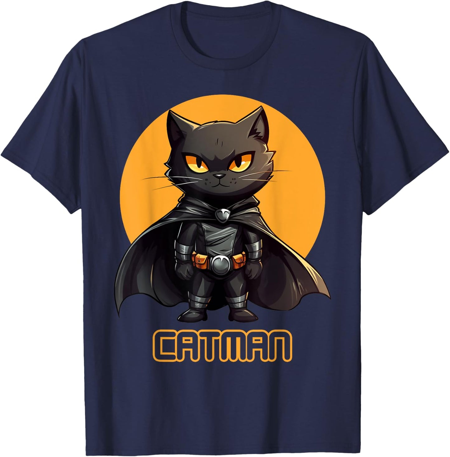 Superhero Cat, Catman, Funny Black Cat, Cat With Cape T-Shirt - T-Shirt | Navy