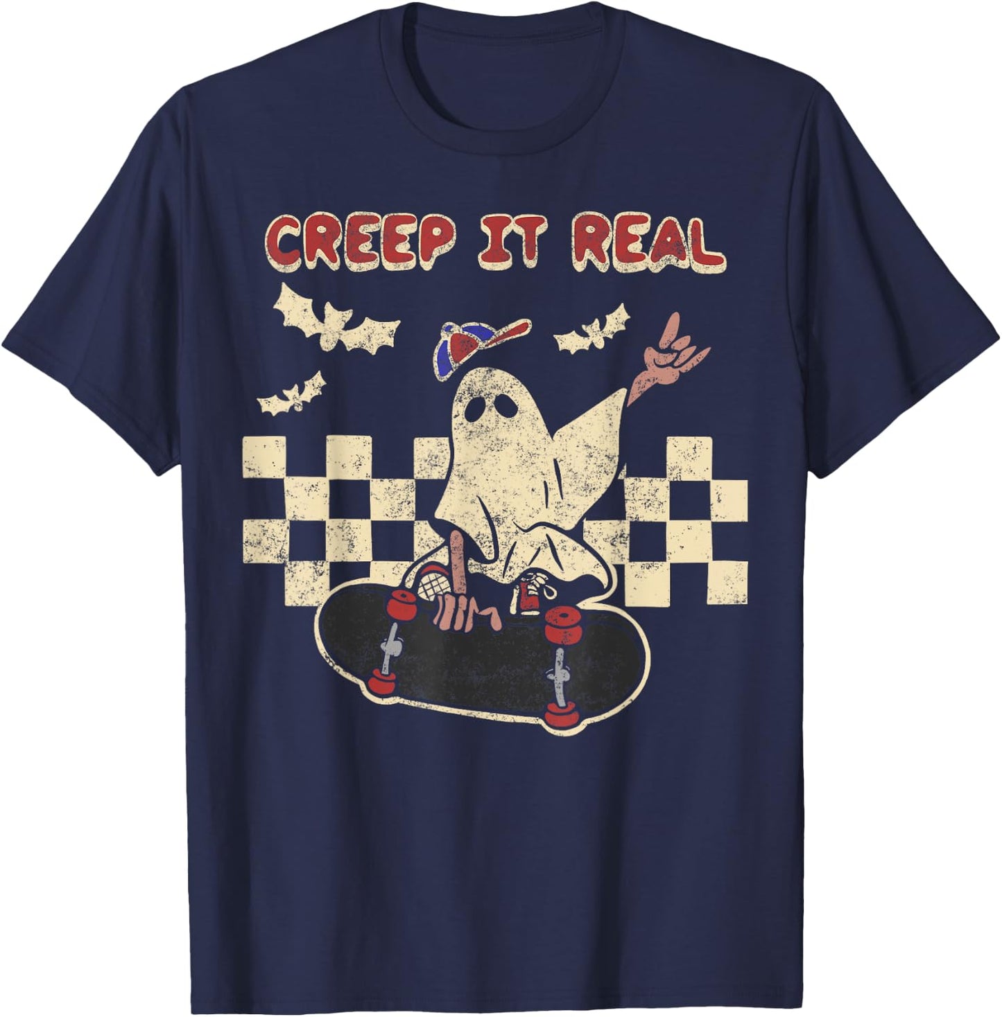 Halloween Boy Girl Retro Creep It Real Ghost on Skateboard T-Shirt - T-Shirt | Navy