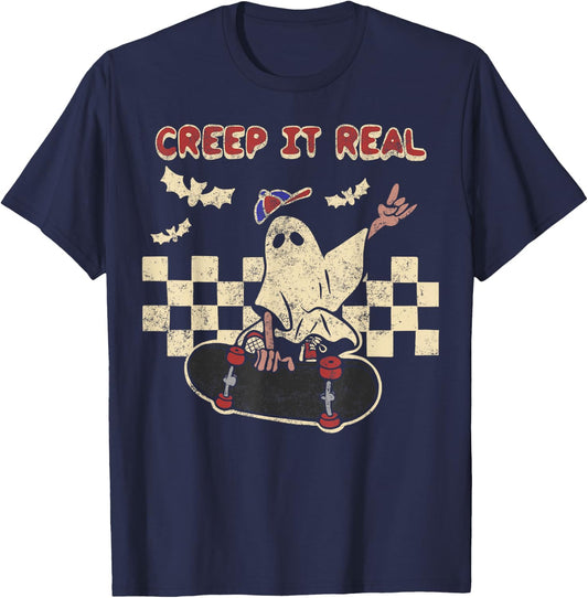 Halloween Boy Girl Retro Creep It Real Ghost on Skateboard T-Shirt - T-Shirt | Navy