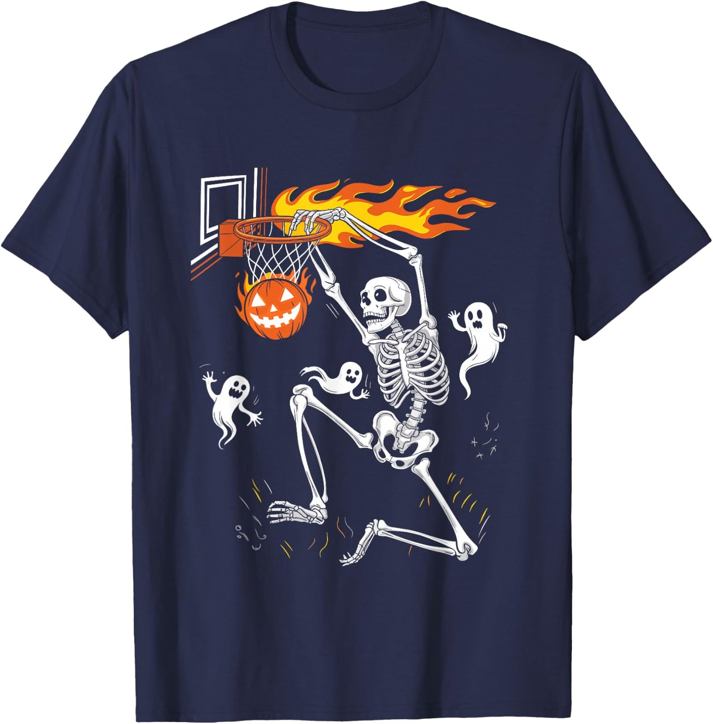 Funny Skeleton Playing Basketball Lovers Spooky Halloween T-Shirt - T-Shirt | Navy