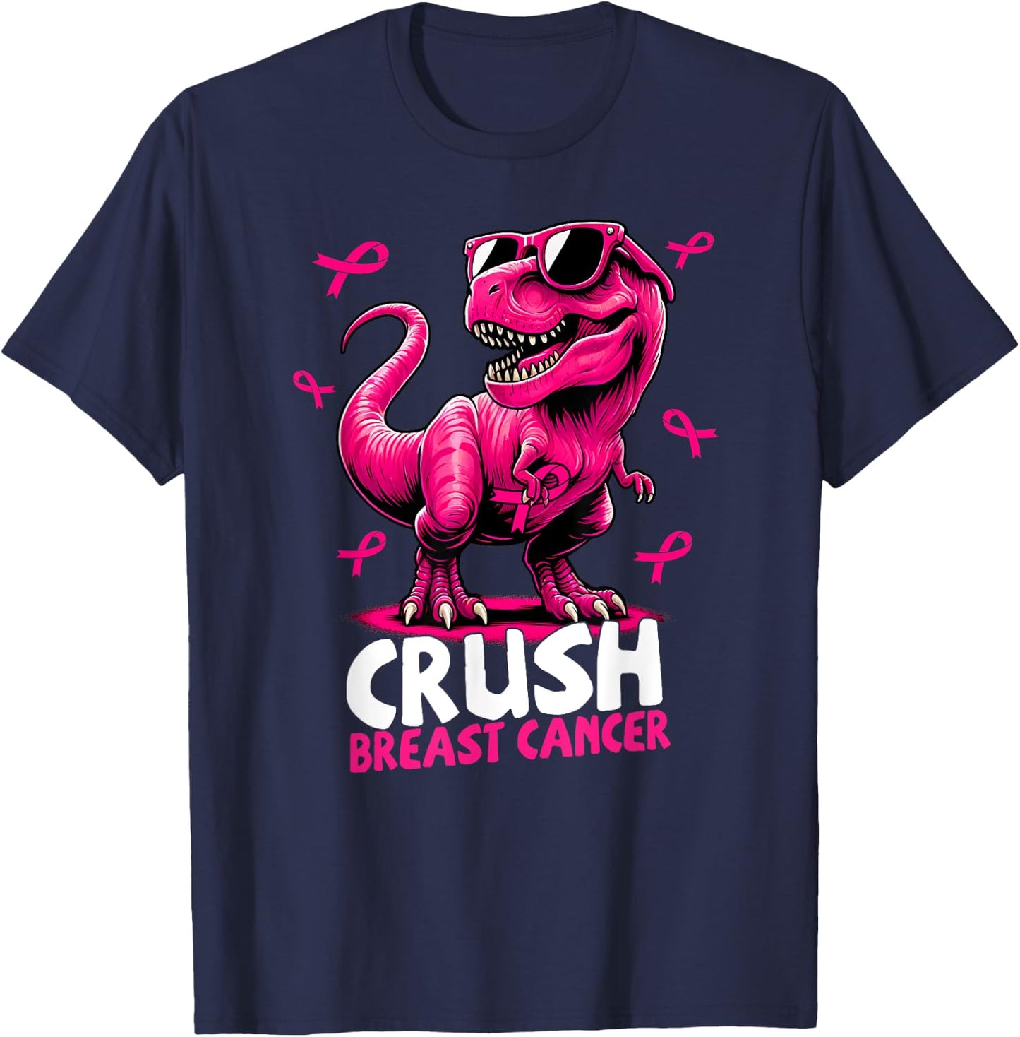 Crush Breast Cancer Dinosaur Holding Pink Ribbon Kids Mom T-Shirt - T-Shirt | Navy