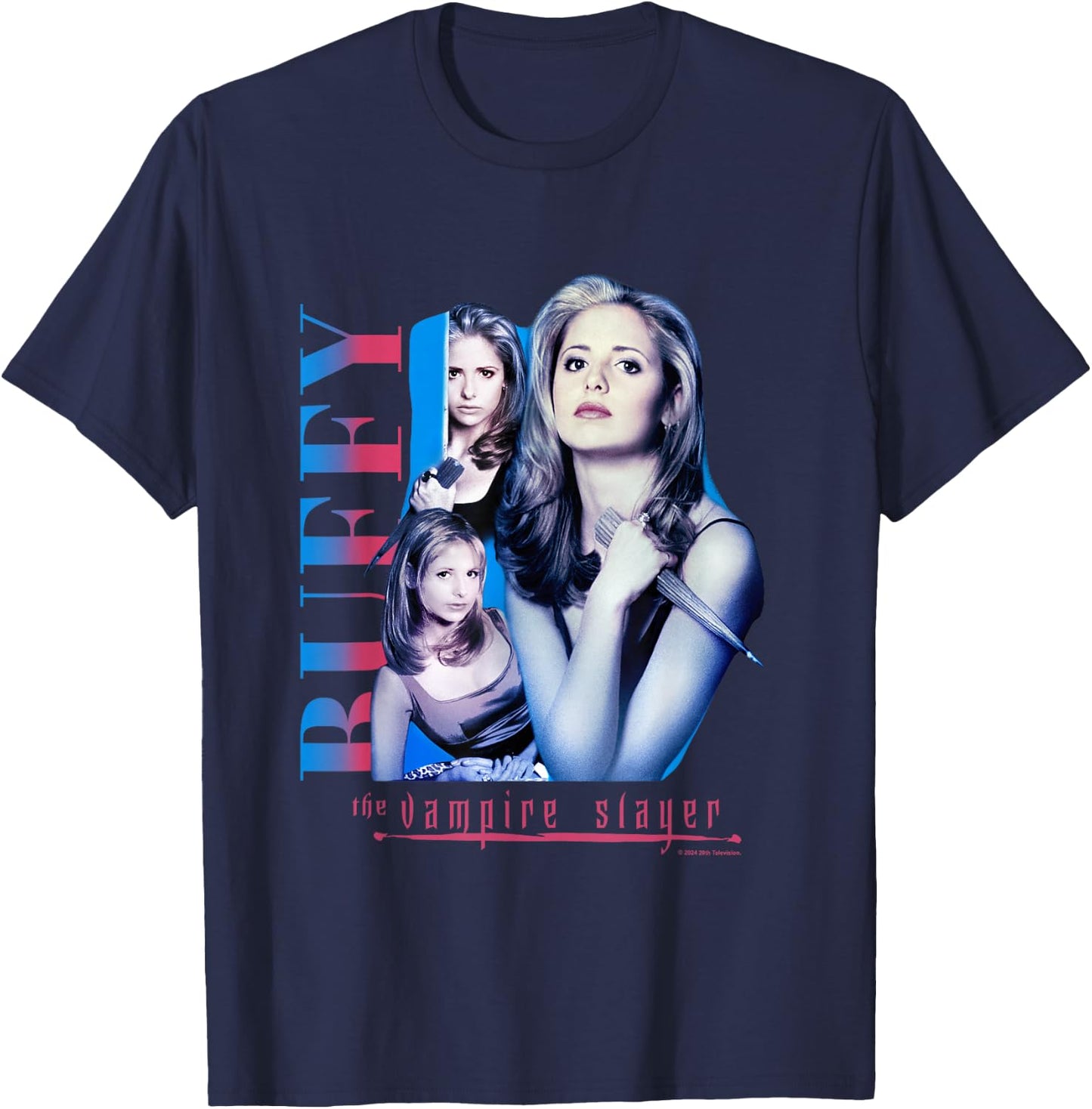 Buffy The Vampire Slayer Pink & Blue Gradient Buffy Collage T-Shirt - T-Shirt | Navy