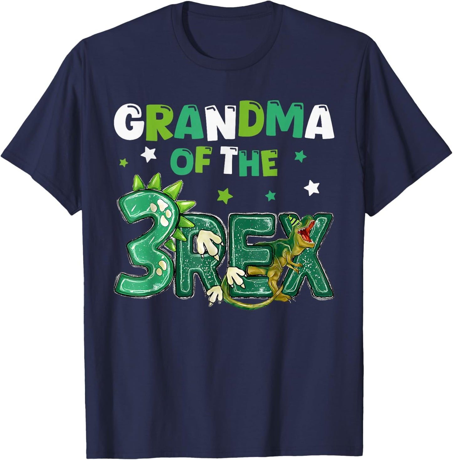 Grandma of the Three Rex Birthday Dinosaur Family Matching T-Shirt - T-Shirt | Navy