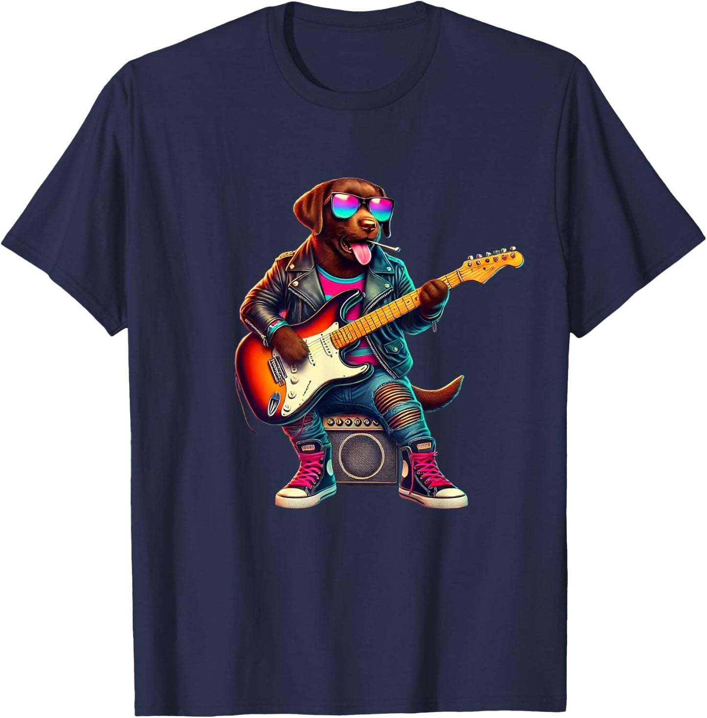 Chocolate Lab Electric Guitar Funny Dog Rock Band Musician Women Kids T-Shirt - T-Shirt | Navy