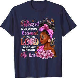 Blessed Is She Who Has Believed Gift Black Afro Woman T-Shirt - T-Shirt | Navy
