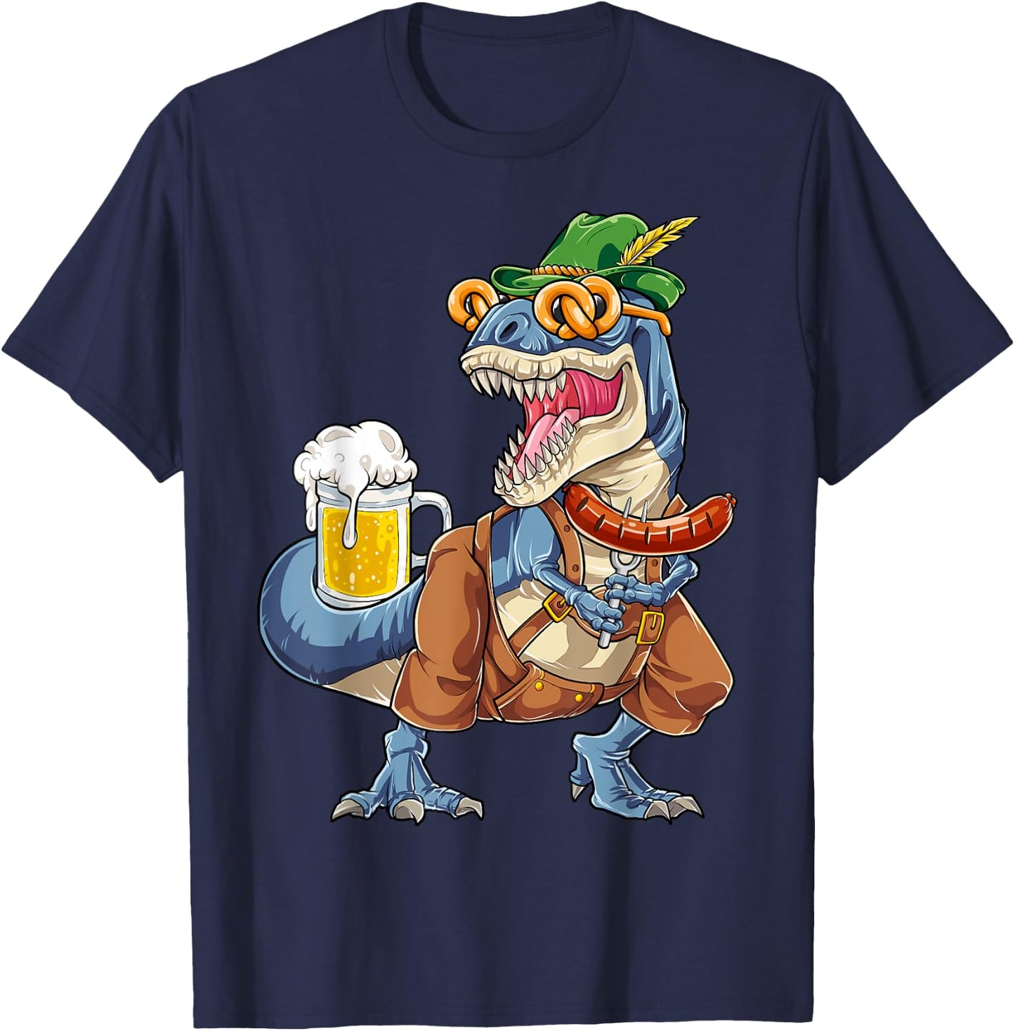 Dinosaur Oktoberfest Lederhosen Costume Men T rex Beer Fest T-Shirt - T-Shirt | Navy