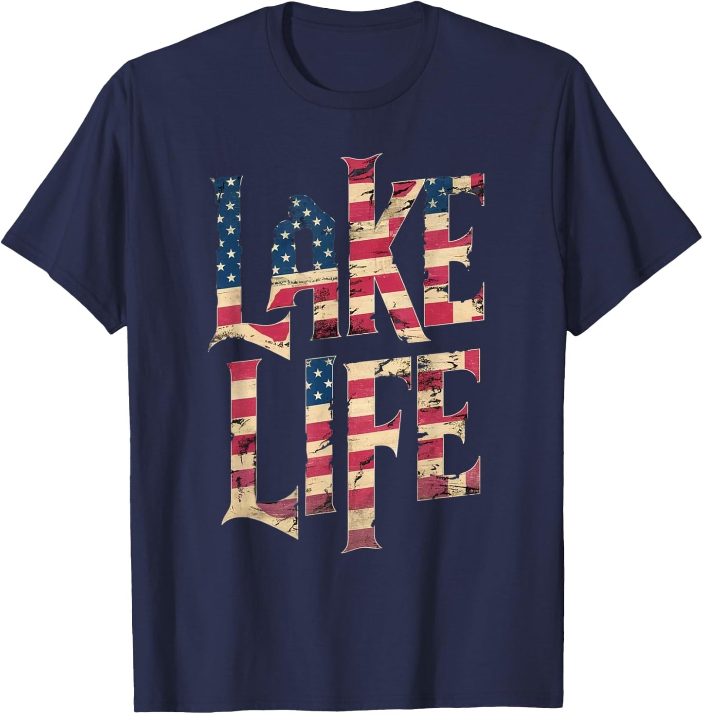Vintage American Flag Lake Life 4th of July Patriotic Women Kids Men T-Shirt - T-Shirt | Navy