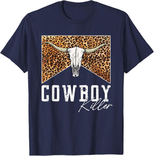 Western Cowgirl Leopard Punchy Cowboy Killers Bull Horn T-Shirt - T-Shirt | Navy